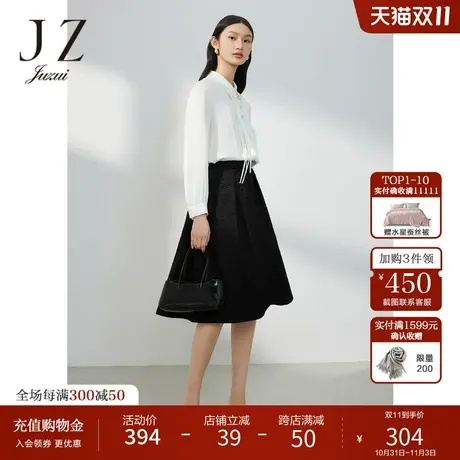 JZ玖姿肌理花卉半身裙女装2023春季新款小众设计感压褶裙子黑色图片