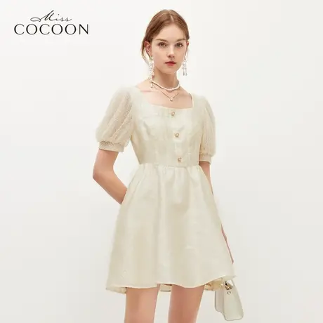 missCOCOON法式方领泡泡袖连衣裙女夏2023新款小个子显瘦复古裙子图片