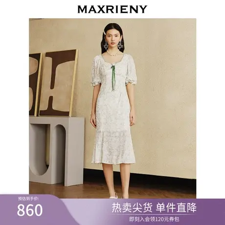 MAXRIENY仙美复古感绿花连衣裙女2023新款褶皱设计感裙子修身显瘦图片
