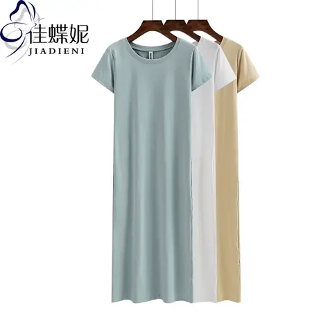 夏季新款韩版圆领加长款开叉修身短袖体恤纯白纯色女装连衣裙T恤图片