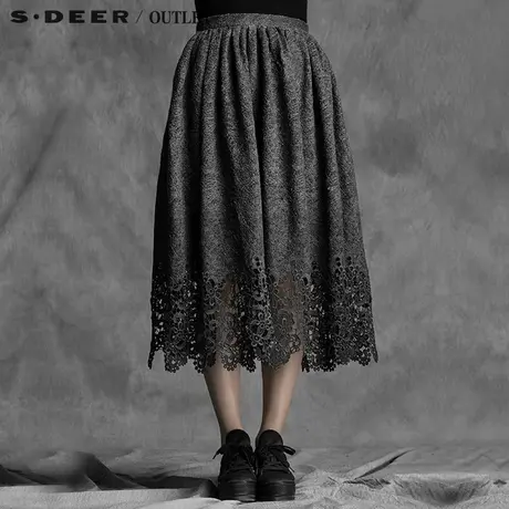 sdeer圣迪奥女装2017秋装磨损镂空做旧中长款半身裙长裙S15381135图片