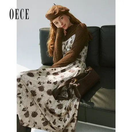 【双11新品】Oece复古玫瑰花吊带裙子套装2023秋冬季新款两件套图片
