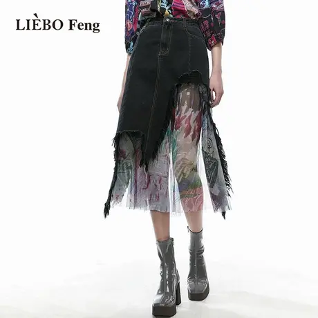 X裂帛LIEBOFeng商场同款2023年夏新国潮复古印花不规则下摆半身裙图片