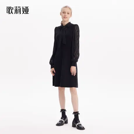 歌莉娅冬季新款天丝羊毛拼接通勤黑色连衣裙长袖小黑裙1ACR4G340图片