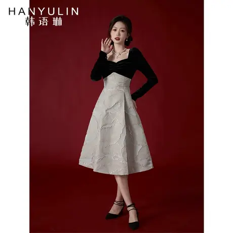 韩语琳法式复古丝绒连衣裙女中长款2022年秋冬新款高腰长袖长裙子图片