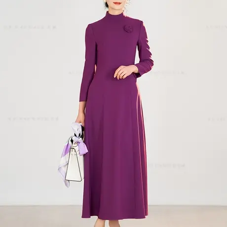 紫色连衣裙女春秋2024新款时尚气质优雅端庄修身收腰圆领长袖裙子图片