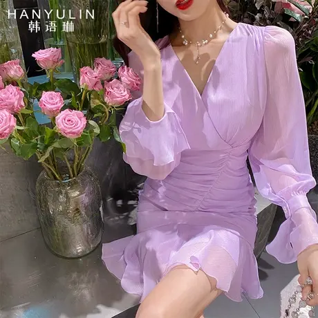 韩语琳新款年初秋高腰法式气质女装紫色荷叶边喇叭袖连衣裙子图片