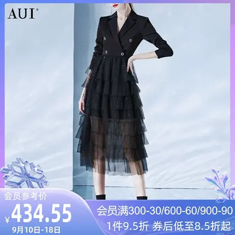 AUI高端名媛黑色西装连衣裙女春2023新款设计感假两件网纱蛋糕裙图片