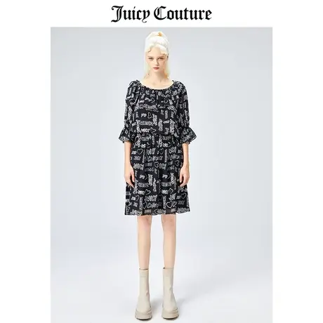 Juicy Couture橘滋美式夏季新款时尚满印荷叶边法式短袖连衣裙女图片