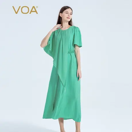 VOA真丝暗纹提花20姆米春绿圆领不对称活页设计木耳花腰带直筒裙图片