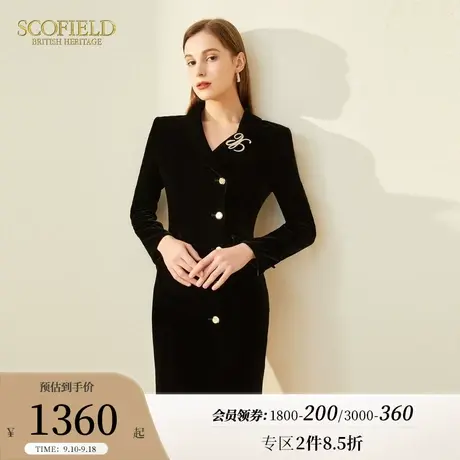Scofield女装金丝绒酒红色西装领设计商务中长优雅连衣裙商场同款图片