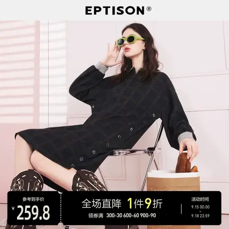 EPTISON裙子2023秋装新款秋装黑色格纹复古POLO领气质长袖连衣裙图片