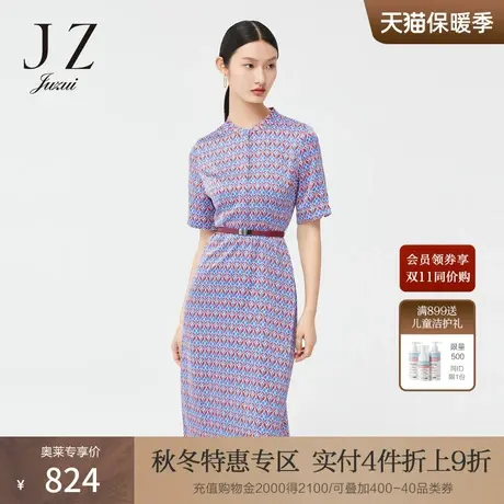 JZ玖姿休闲风个性印花图案2022春季新款女复古收腰显瘦版型连衣裙商品大图