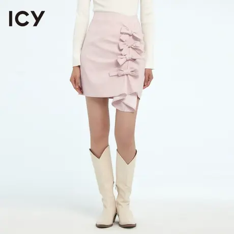icy原创春季新款时尚气质不对称拼接蝴蝶结包臀高腰粉色半身短裙图片