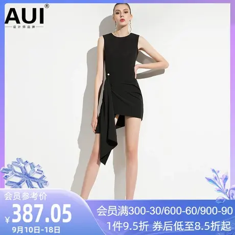 AUI欧美风时尚女装2023年新款欧货气质黑色不规则无袖连衣裙女夏图片