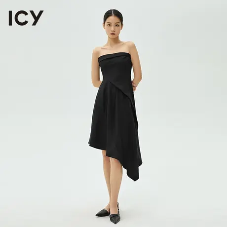 icy春秋新款优雅气质小黑裙抹胸露肩不对称褶皱连衣裙女图片