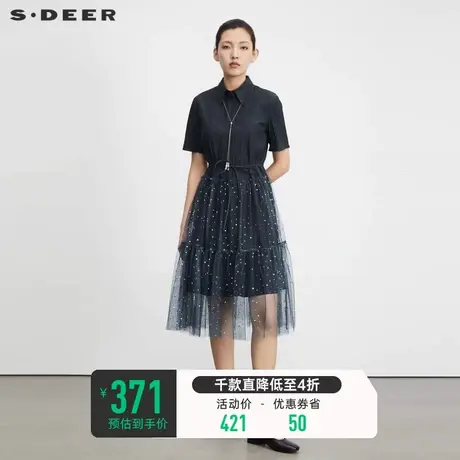 sdeer圣迪奥2023夏装新款女装收腰网纱衬衫黑色连衣裙S23261206图片