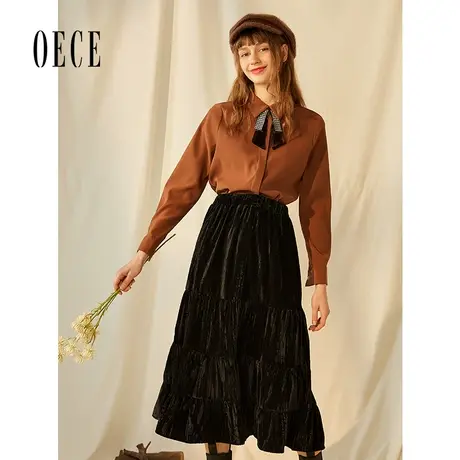 Oece冬装新款女装法式甜心复古气质高腰丝绒半身裙图片