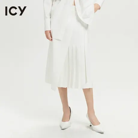 icy2023春季新款摩登灵动结构式不对称拼接高腰百褶中长款半身裙商品大图
