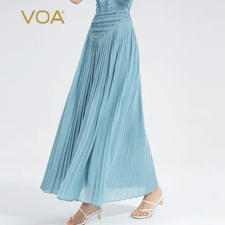 VOA真丝乔其纱冰蓝色自然腰塔克褶不对称设计侧插袋口百褶半身裙图片