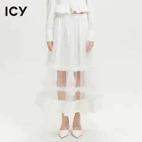 icy2023春季新款甜美复古褶皱网纱透视过膝松紧腰半身裙长裙女商品大图