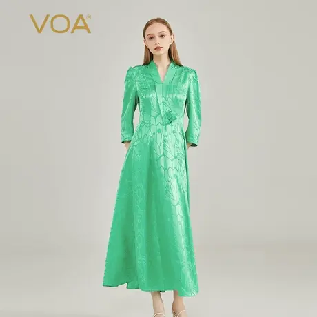 VOA真丝提花21姆米玉绿色V领侧插袋七分袖不对称新中式国风连衣裙图片