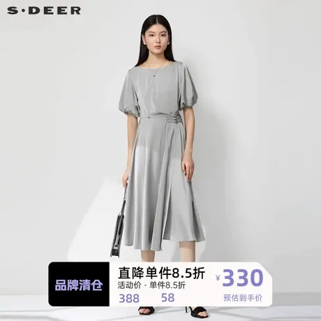 sdeer圣迪奥女装圆领新中式收腰泡泡袖连衣裙S232Z12Q8图片