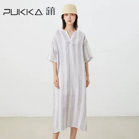 蒲PUKKA 2023春夏新品纯亚麻色织北欧极简风宽松舒适短袖连衣裙图片