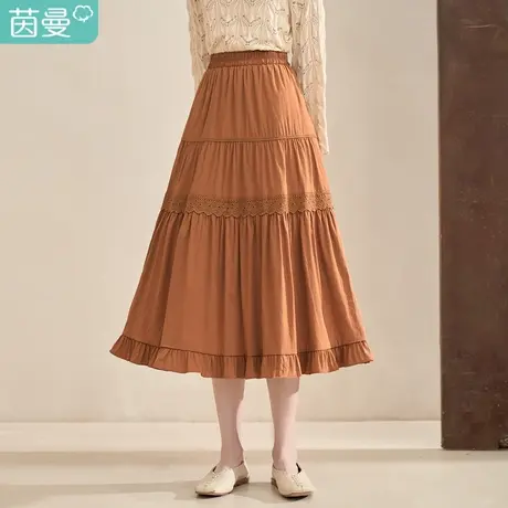 茵曼复古拼接蛋糕裙女2023年春季新款法式高腰松紧腰显瘦中长裙子图片