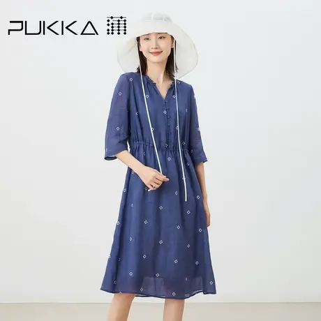 蒲PUKKA 原创设计2023夏装新品苎麻批绣宽松V领显瘦七分袖连衣裙图片