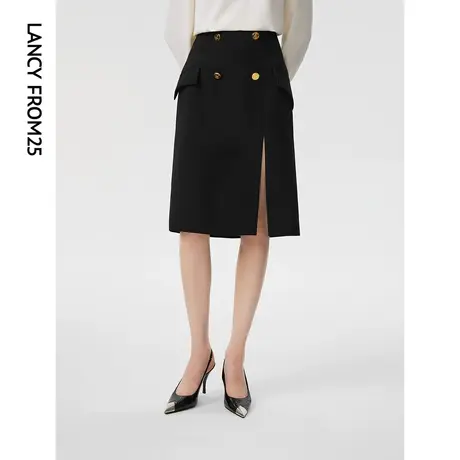 朗姿法式复古显瘦黑色高腰直筒设计感高级感2023春秋季新款半身裙商品大图