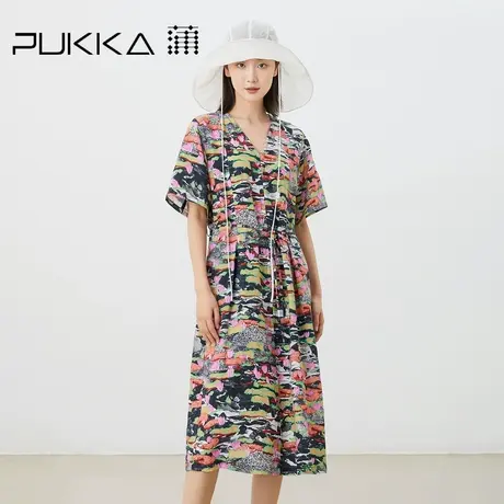 蒲PUKKA原创设计女装2023夏装新品中式浪漫V领显瘦印花短袖连衣裙图片