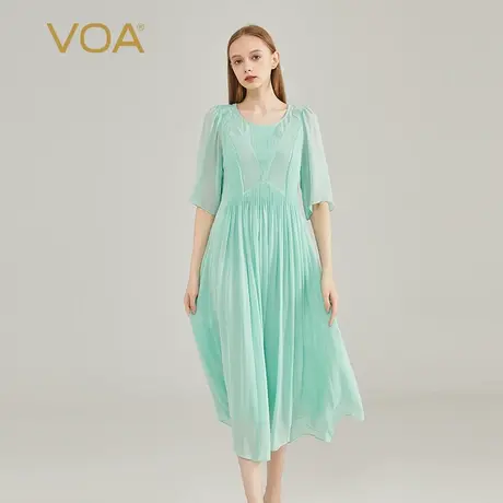 VOA真丝乔其双层设计圆领塔克褶五分袖清新绿大摆清爽透气连衣裙图片