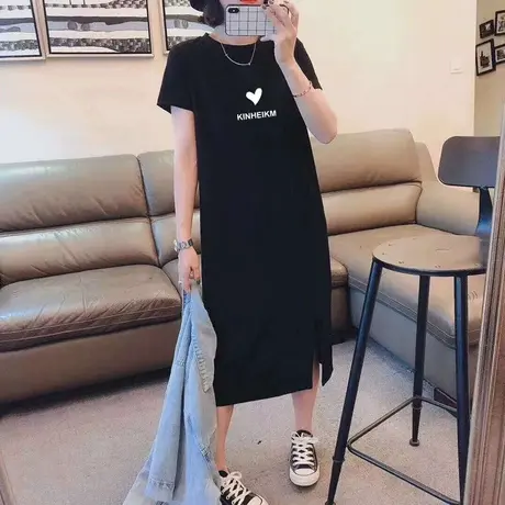 新款休闲开叉设计感黑色连衣裙女2023夏季韩版宽松显瘦气质长裙子图片