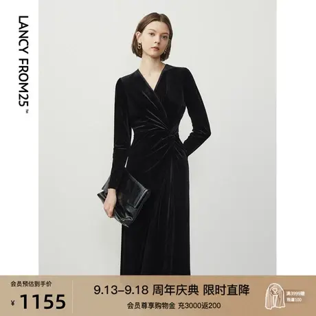 朗姿法式高级感丝绒长裙2023年冬季新款连衣裙气质显瘦v领小黑裙图片