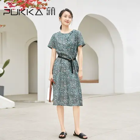 蒲PUKKA原创设计女装夏季设计感时尚印花中长款苎麻连衣裙图片