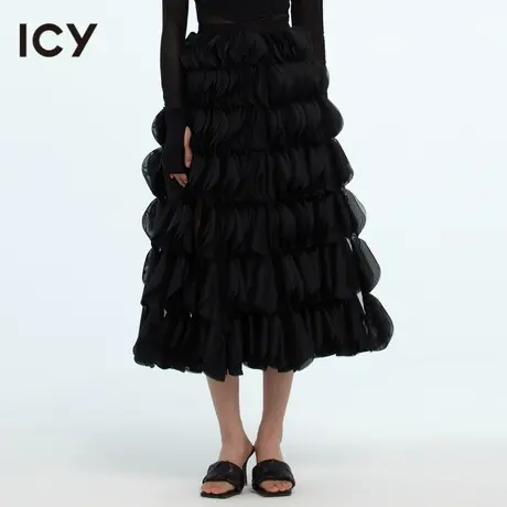 icy女装春夏新款设计感个性立体感叠片晚宴风优雅显瘦黑色半身裙图片