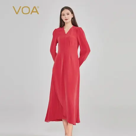VOA40姆米重磅真丝红色V领不对称设计砂洗工艺乔其拼接长袖连衣裙图片