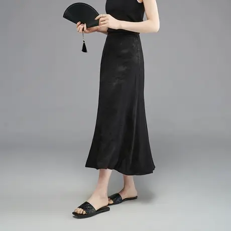 娅丽达新中式国风黑色提花半身裙女2024春装新款裙子高腰包臀长裙图片