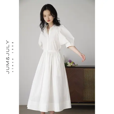 嘉茱莉2023夏季新款法式连衣裙女翻领白色宽松高腰长裙优雅气质商品大图