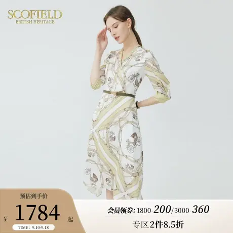 Scofield女装夏季新款V领复古印花优雅通勤茶歇连衣裙国风中长裙图片
