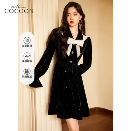 miss COCOON法式黑色连衣裙女2023新款春装蝴蝶结娃娃领丝绒裙子商品大图