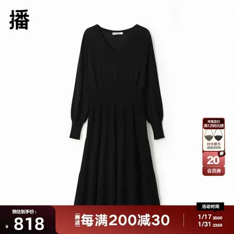 播黑色连衣裙女2023秋商场同款通勤风褶皱长款收腰裙子BDQ3LD0520图片