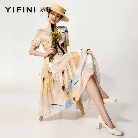 Yifini/易菲100%真丝连衣裙桑蚕丝法式收腰气质中长款裙夏季新款图片