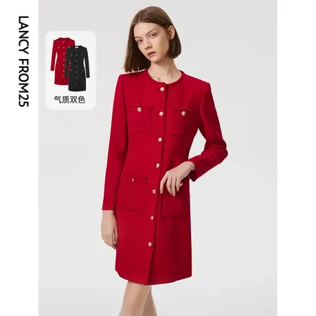 朗姿法式小香风显瘦气质高级感红色黑色连衣裙2023春季新款裙子女图片