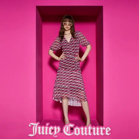 Juicy Couture橘滋女装新款霓虹甜心几何印花交叉V领网眼连衣裙商品大图