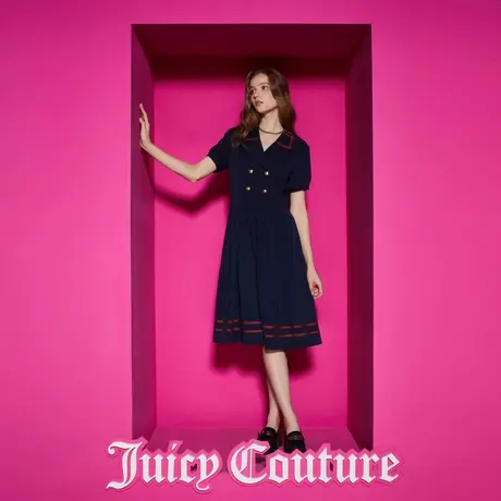 Juicy Couture橘滋女装新款重返校园撞色织带双排扣百褶连衣裙图片