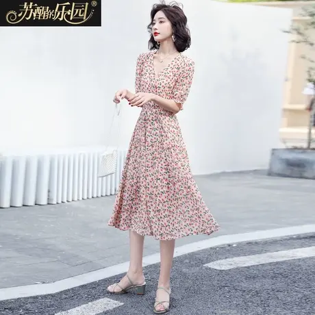 V领碎花裙女装夏季2020新款韩版时尚成熟气质优雅短袖收腰连衣裙商品大图