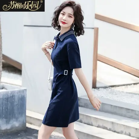 连衣裙女装夏季2020新款韩版休闲简约复古气质收腰显瘦短袖中裙子商品大图