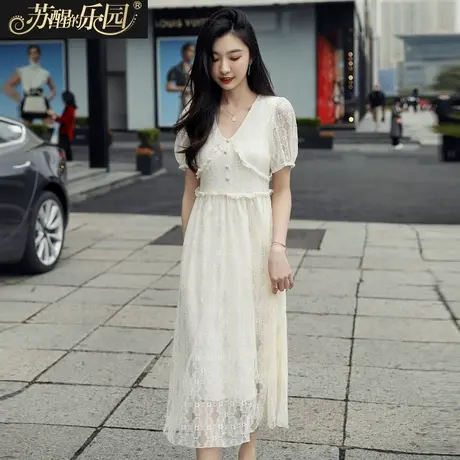 仙女风连衣裙女装夏季新款韩版气质淑女V领短袖蕾丝公主中裙图片